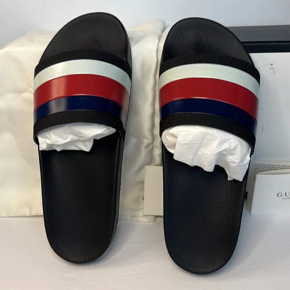 New 💯Authentic GUCCI WEB RUBBER SLIDE IN BLACK/Blue / Red &White Sandals